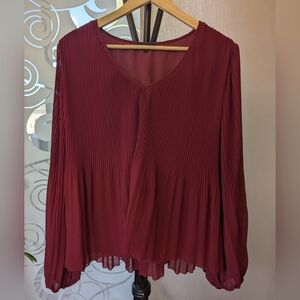 Quince Burgundy Pleated Long-Sleeve Blouse